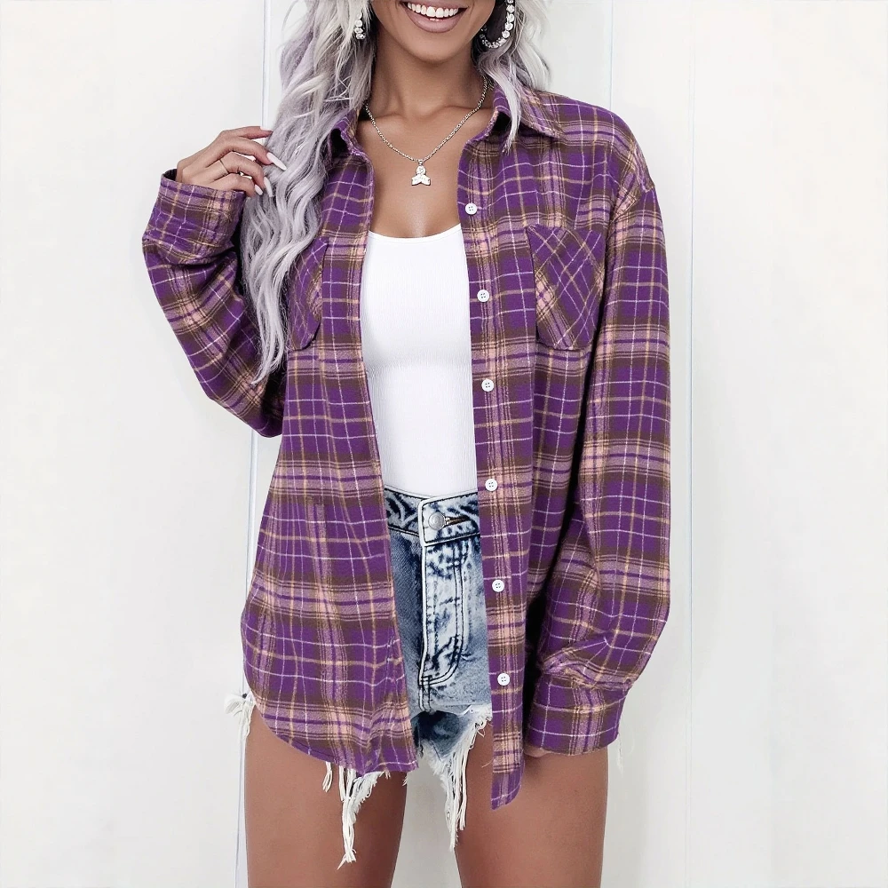 

Женская осенне-зимняя клетчатая рубашка с длинным рукавом, уличная одежда, воротник на пуговицах и карманами, базовый топ