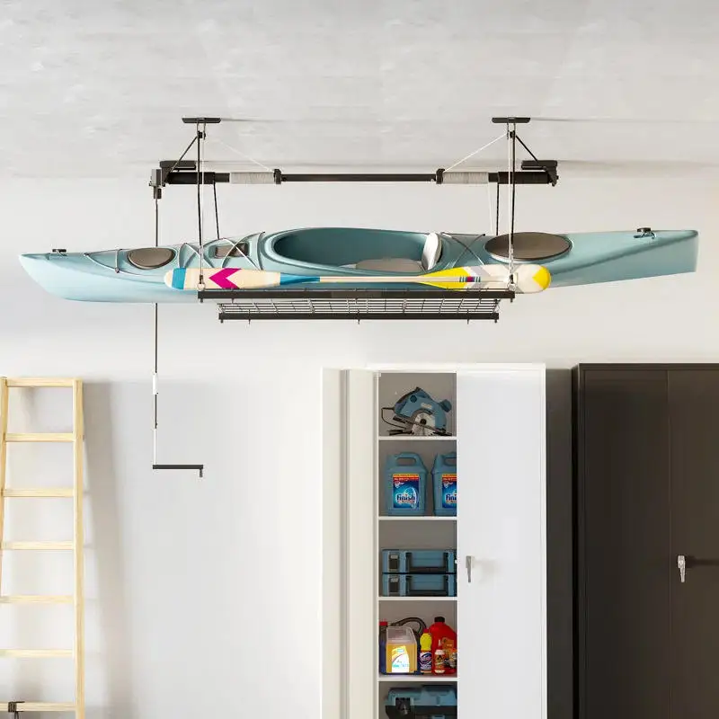 4x4 Ft Overhead Garage Lift with Adjustable Height, Heavy Duty Ceiling Storage Rack for Secure Access
