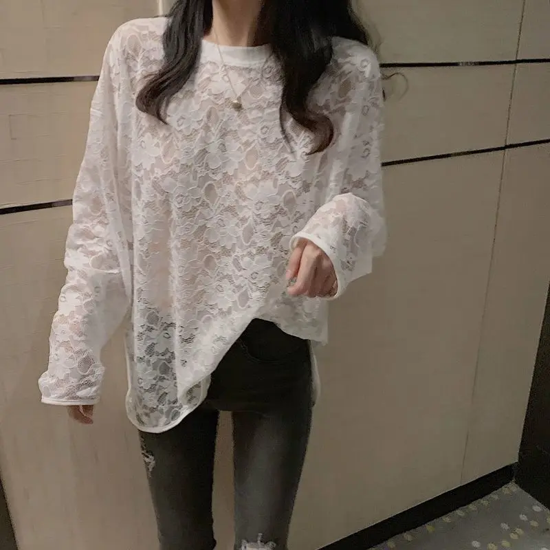 Women\'s 2024 Spring Summer New Fashion Commuti Round Neck Solid Color Loose Lace Versatile Gauze Hollow Out Poncho T-shirts Tops