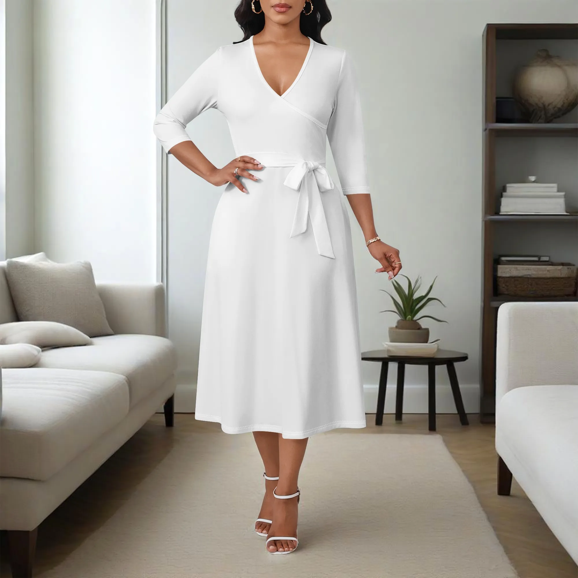 

Women's 3/4 Sleeve Empire Waist V Neck A-line Boho Dress Semi Formal Flowy Dresses Wedding Guest Sundress with Belt