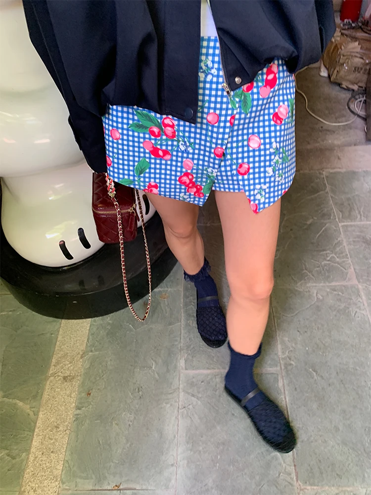 

Blue Floral Print Skirt Women's Design Sensation 2024 New Style Korean Version A-Line Skirt Polyester Fabric Short Skirt