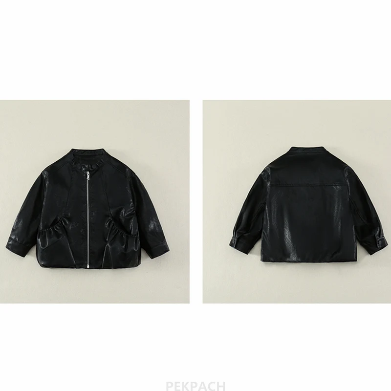 موجز نمط طفلة عادية سترة جلدية سوداء مع سحاب أطفال الأطفال بلون الخريف بولي معطف معطف جلد 2 3 4 5 6 7 8 9 Y