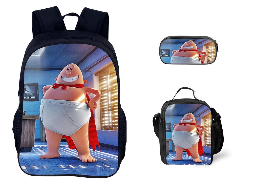 

Student Cute Bookbag with Pencil Case Insulated Lunch Box 3Pcs Set,Back to School Kid Backpack Captain Underpants Rucksack