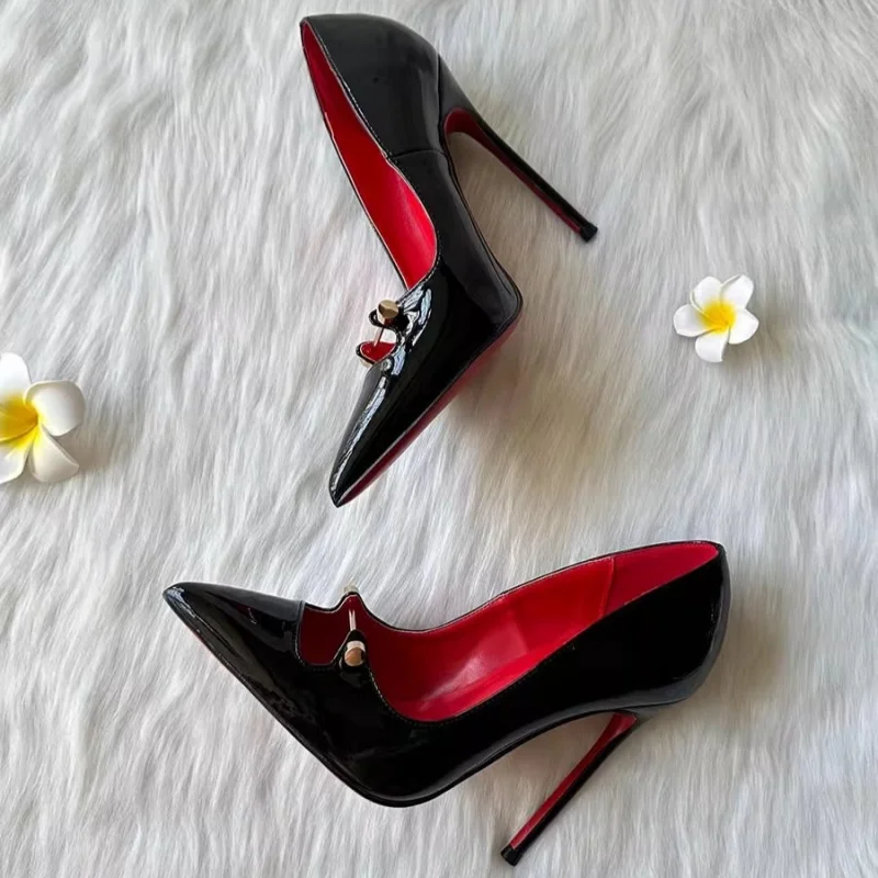 Spring and summer pointed shallow patent leather rivet sexy single shoes thin high-heeled banquet dress large size women\'s shoes