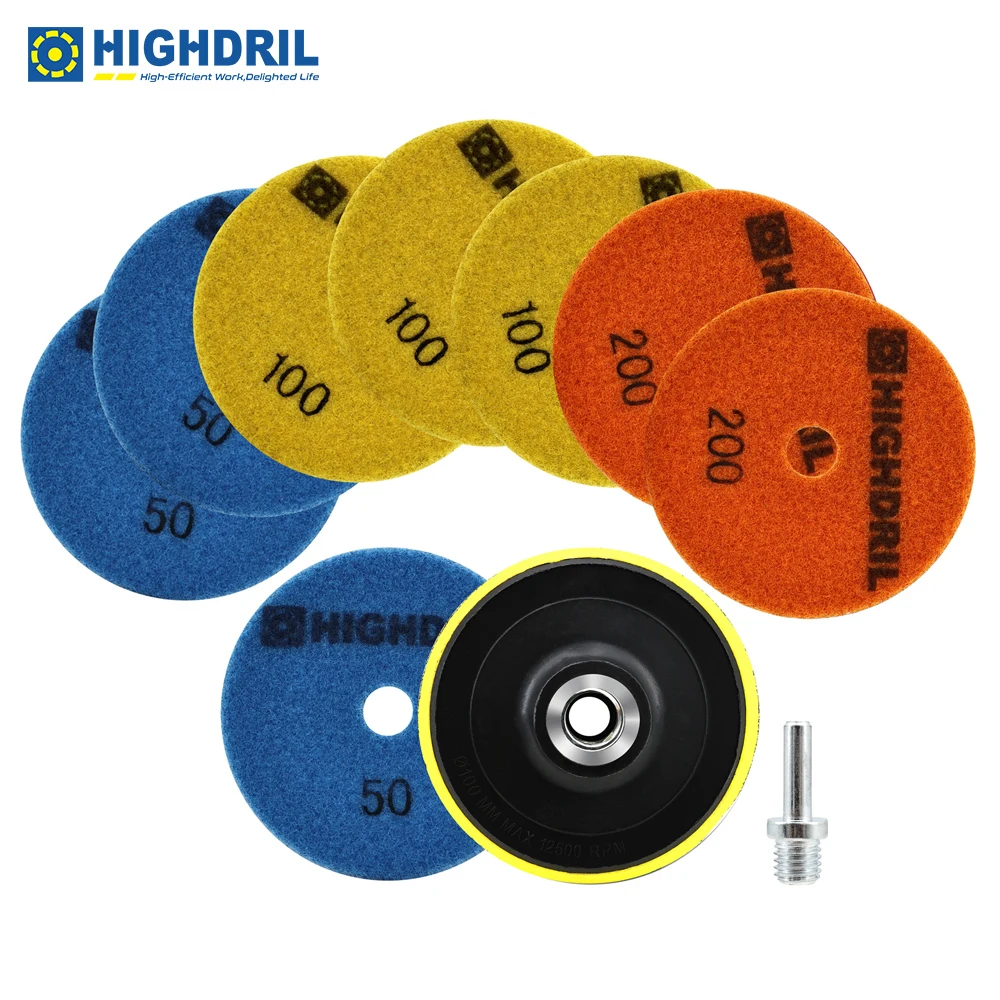 

HIGHDRIL 8pcs Dia100mm Diamond Dry Polishing Pad for Marble Granite Ceramic Stone Polisher Grinder Sanding Disc Adapter Base