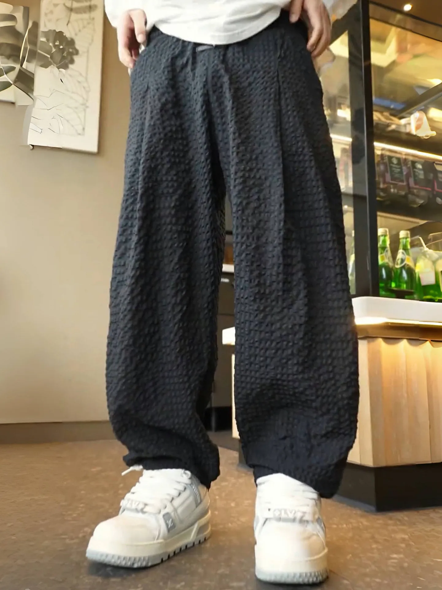 Summer Thin Bubble Cloth Anti-Wrinkle Casual Pants Men's Simple Fashion Loose Straight Leg Trousers Breathable Polyester Fiber