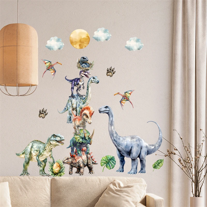 Watercolor Dinosaurs Wall Stickers For Kids Bedroom Vivid Dino Peel And Stick Decals For Boys Girls Nursery Playroom Decoration