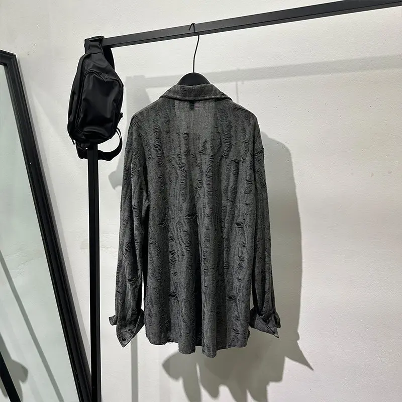 Fashionable Design Retro Tattered Jeans Loose Long-Sleeved Shirt Idle Style Distressed Drape Top for Men and Women