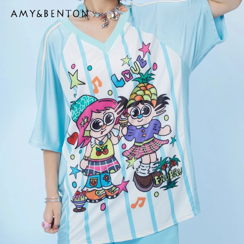 

Original Design Cartoon Anime Print Women's T-Shirt 2025 Summer New Y2K Sweet Cool Casual Loose Baseball Uniform T-Shirts Ladies