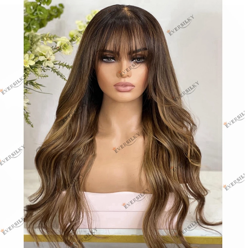 Human Hair Blended Color Brown Blonde Fringe Lace Front Wig for Women 180 Density Body Wave Ombre Highlight Remy Hair Wigs