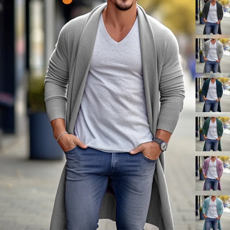 

Men's Spring and Autumn Loose Thin Sweater Coat Slim Long Scarf Collar Wool Knitted Cardigan Coat