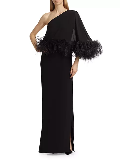 

Elegant One Shoulder Crepe Feather-Cuff Cape Gown Prom Dresses Straight Halter Evening Dress Formal Occasions Vestido فساتين حف