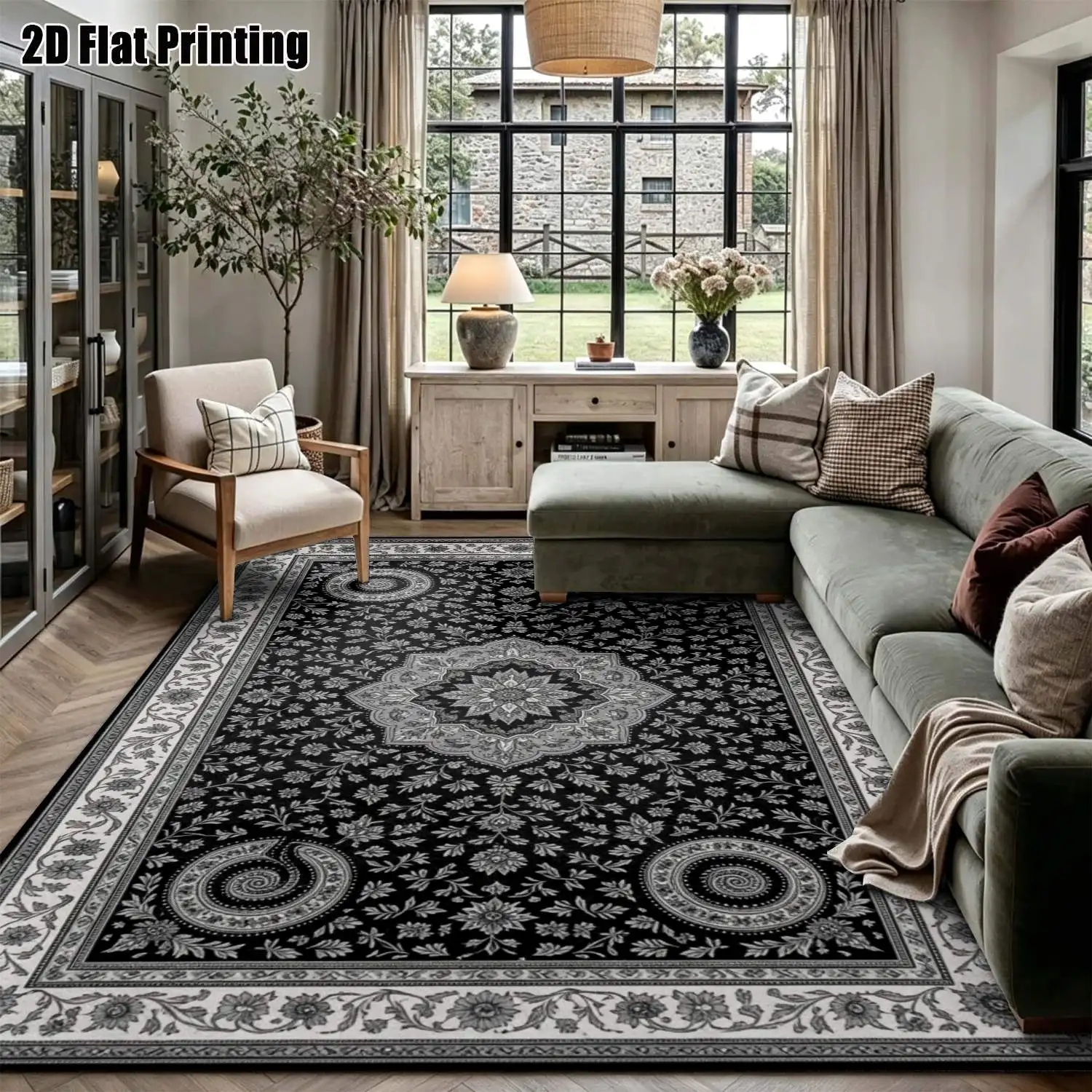 1Pc 2D Printed Carpet: Black Gray Retro Scroll Pattern, European Vintage Bohemian Style, Multi-Size Washable, for Home Decor & Multi-Scene Use