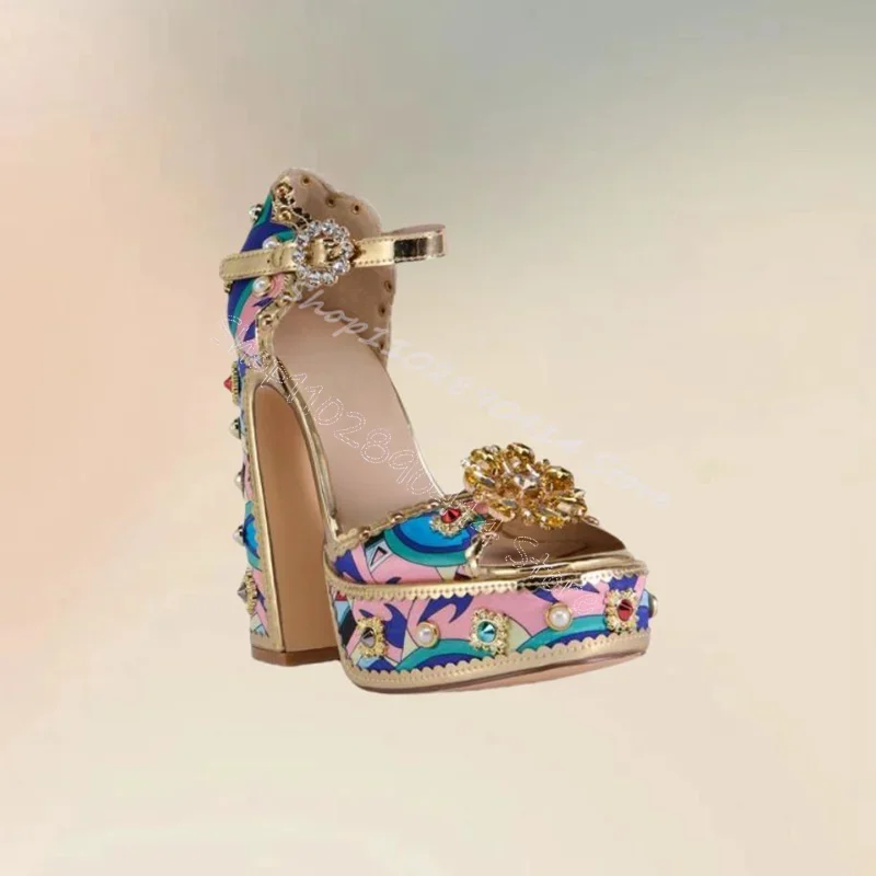 

Graffiti Print Crystal Flower Peep Toe Platform Sandals Buckle Strap Women Shoes Chunky High Heel Party 2025 Zapatos Para Mujere