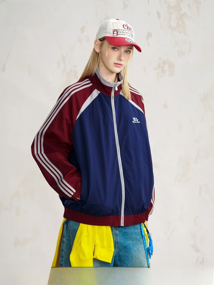 

Beetle Town American Splice Color Sport Sle Jaet Loose Casual Embroidery Outerwear 2025 Women's Faion Casual Wear