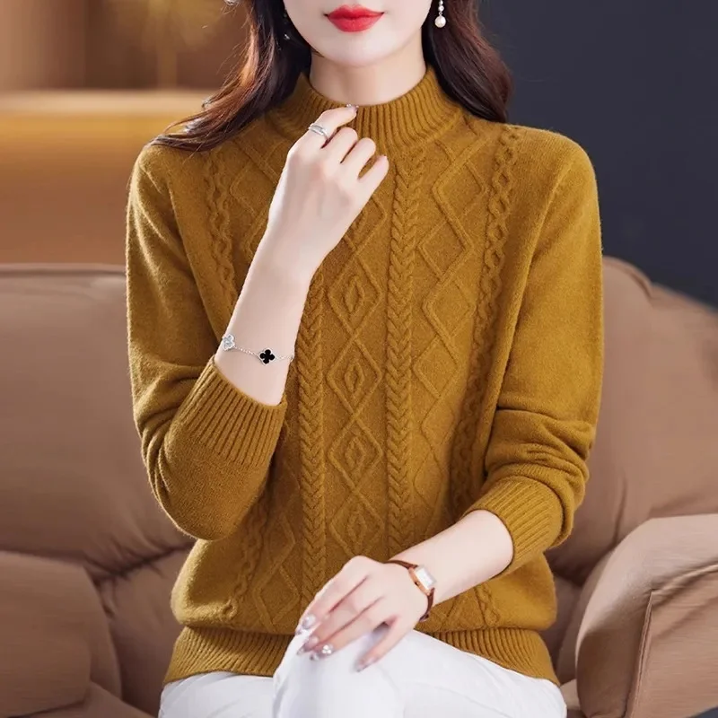 

Autumn Winter Women Sweater Korean Fashion Warm Bottoming Shirts Half High Collar Basic Knitwear Solid Long Sleeve Pullovers