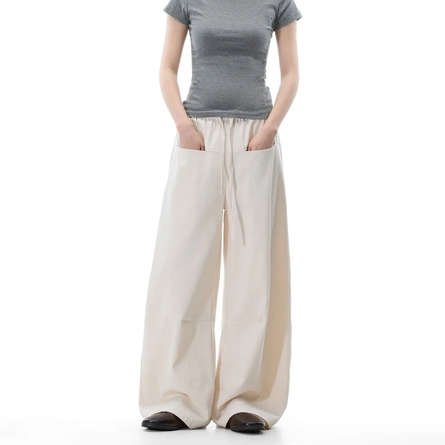 

Женские брюки Chant2nd с высокой талией, широкими штанинами, на шнурке, с большими карманами, свободного кроя, прямые, в пол, повседневные, из хлопка