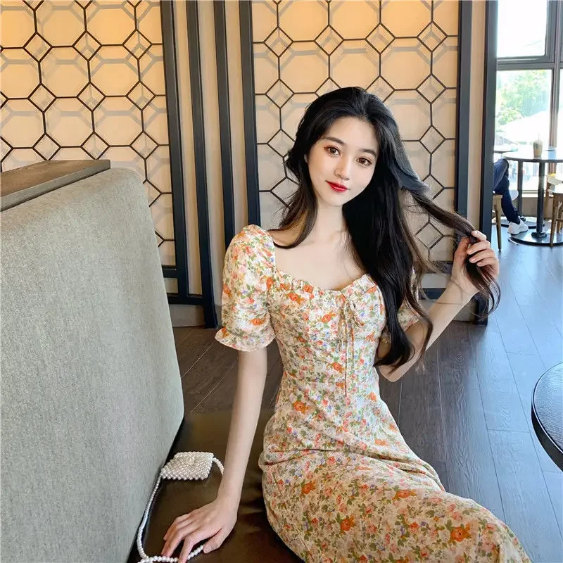 Clothing Midi Women's Dress Green Floral Female Dresses 2024 Flower Retro Hot Luxury Trendy One-piece Chic and Elegant Pretty X