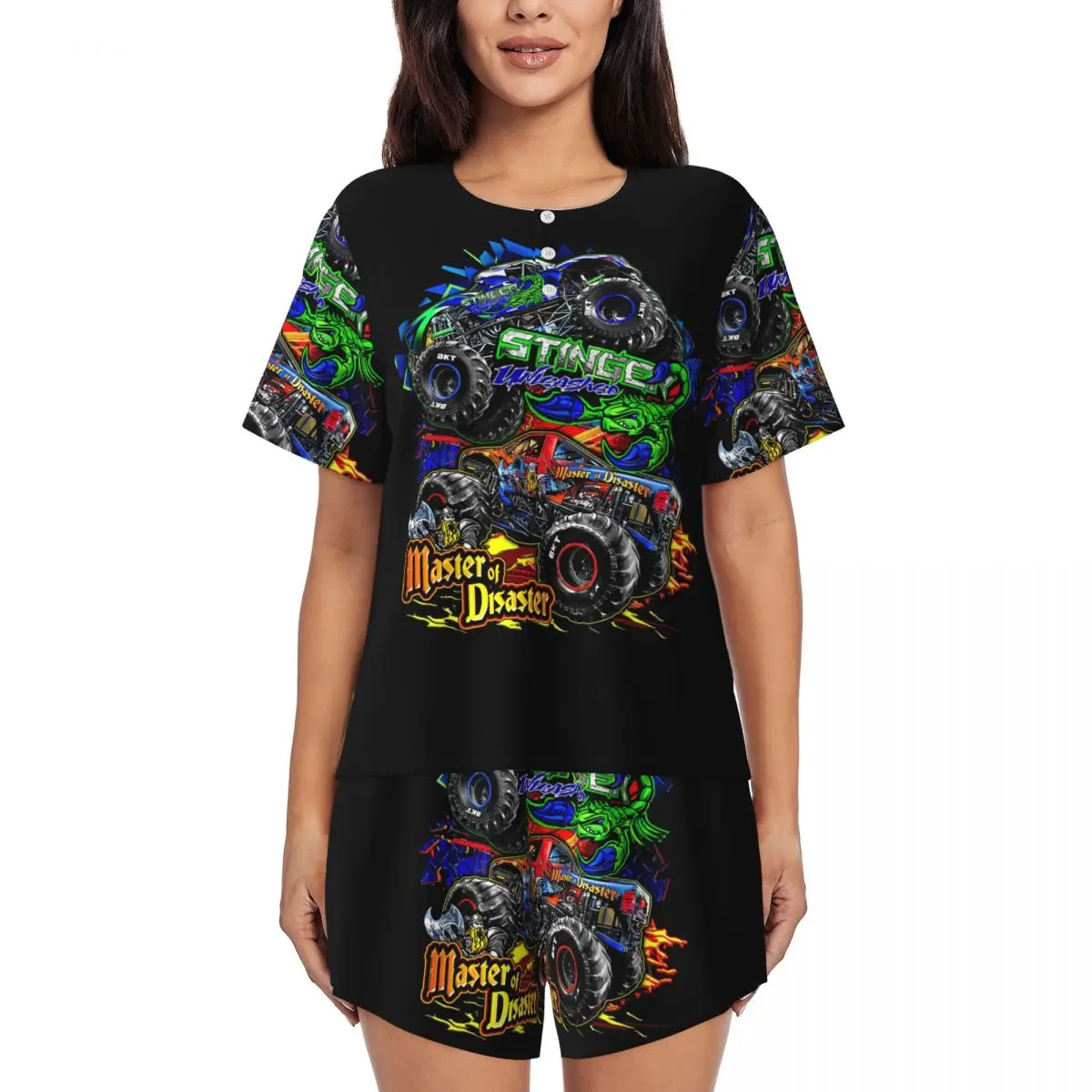 

Классическая ночная рубашка с короткими рукавами и круглым вырезом с рисунком Monster Jam Truck для женщин, свободный пижамный комплект с короткими брюками
