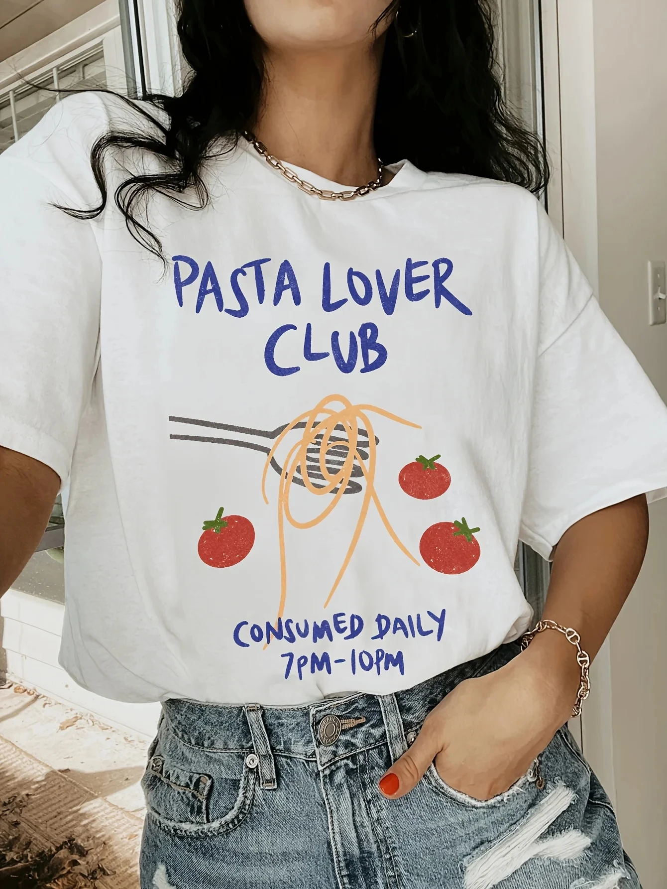 

Женская футболка с рисунком Pasta Lover Club и модным топом с короткими рукавами в стиле ретро с фруктовым принтом, уличная одежда большого размера в стиле Харадзюку Y2k