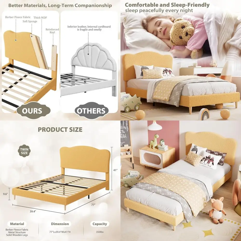 

Upholstered Twin Bed with Scallop Board, Velvet Design for Kids, Sturdy Platform Bed, No Box Spring Needed, Wooden Slats, Yellow