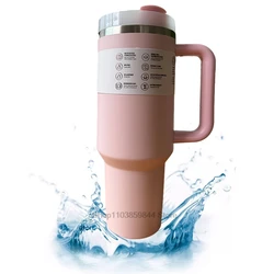 40 oz Tumbler with Handle Lid Straw H2.0 Stainless Steel Vacuum Insulated Thermos Cup Silicone Boot PINK for Stanleys