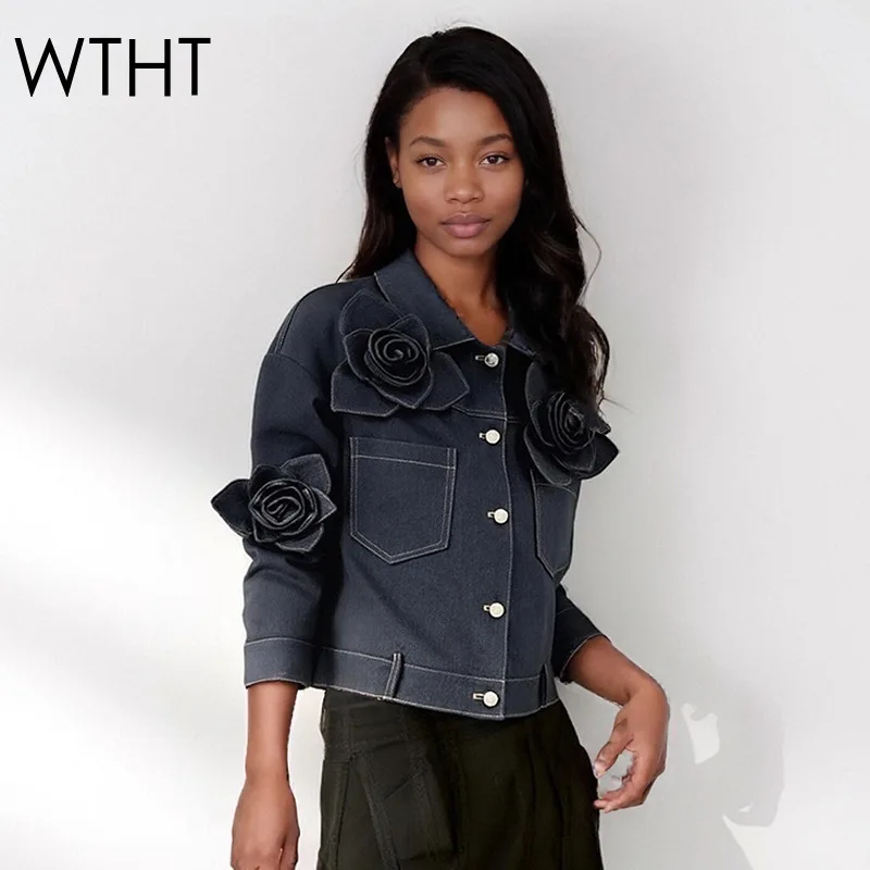 

WTHT модная женская джинсовая куртка с 3D цветочным украшением, осень 2021, модное пальто с длинными рукавами и лацканами, женское 1LS2556