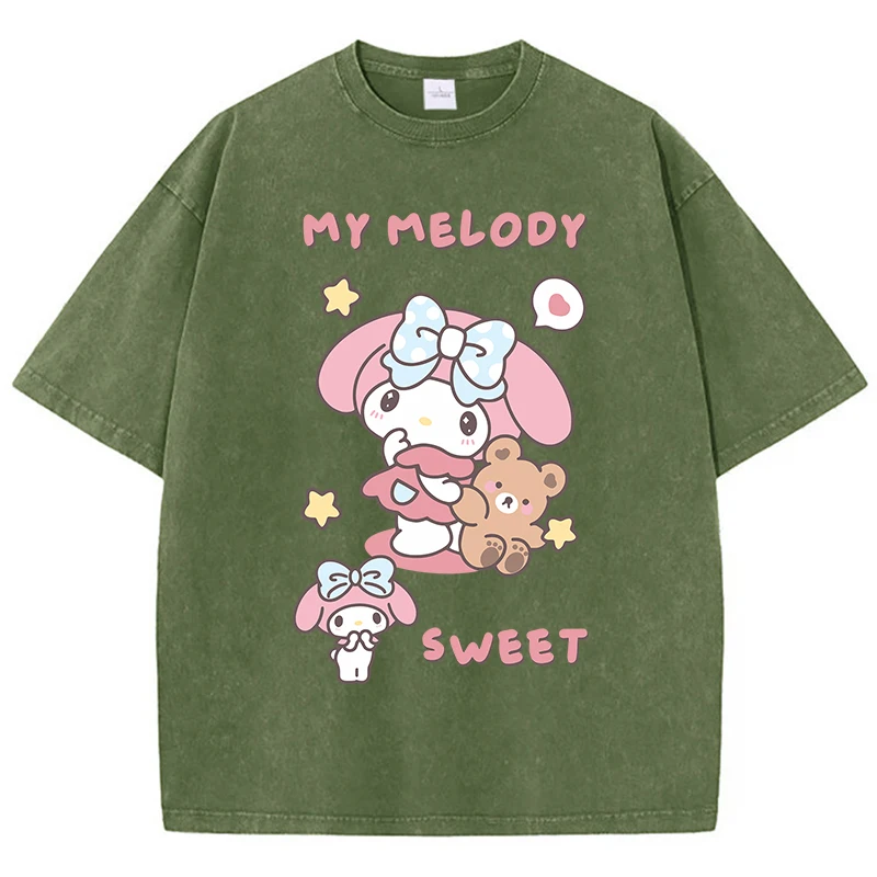 My Melody Sweet Sanrio T Shirt Woman Summer American Retro Cotton Soft T-Shirt Fairycore O-Neck High-Quality Tee Shirt Tops