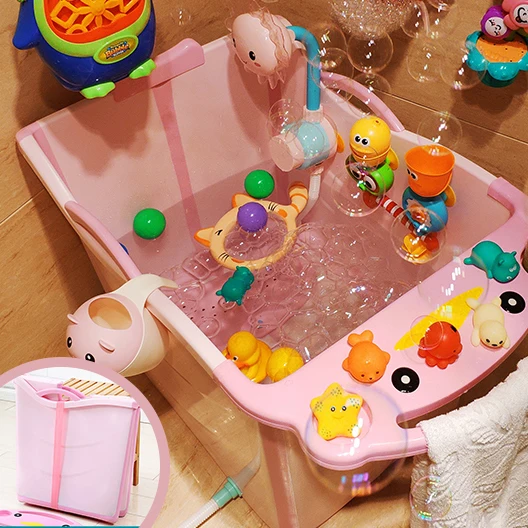 Baby Shining Folding Bath Tub 0-12Y PP Children Bath Bucket 9cm Thick Large Household Sauna Bathtub with Seat Portable Free Gift