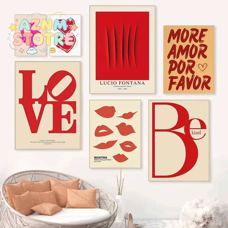 Retro Classic Valentine's Day Theme Poster Red Heart Red Lips Love Declaration Frameless Canvas Print Modern Home Wall Decor