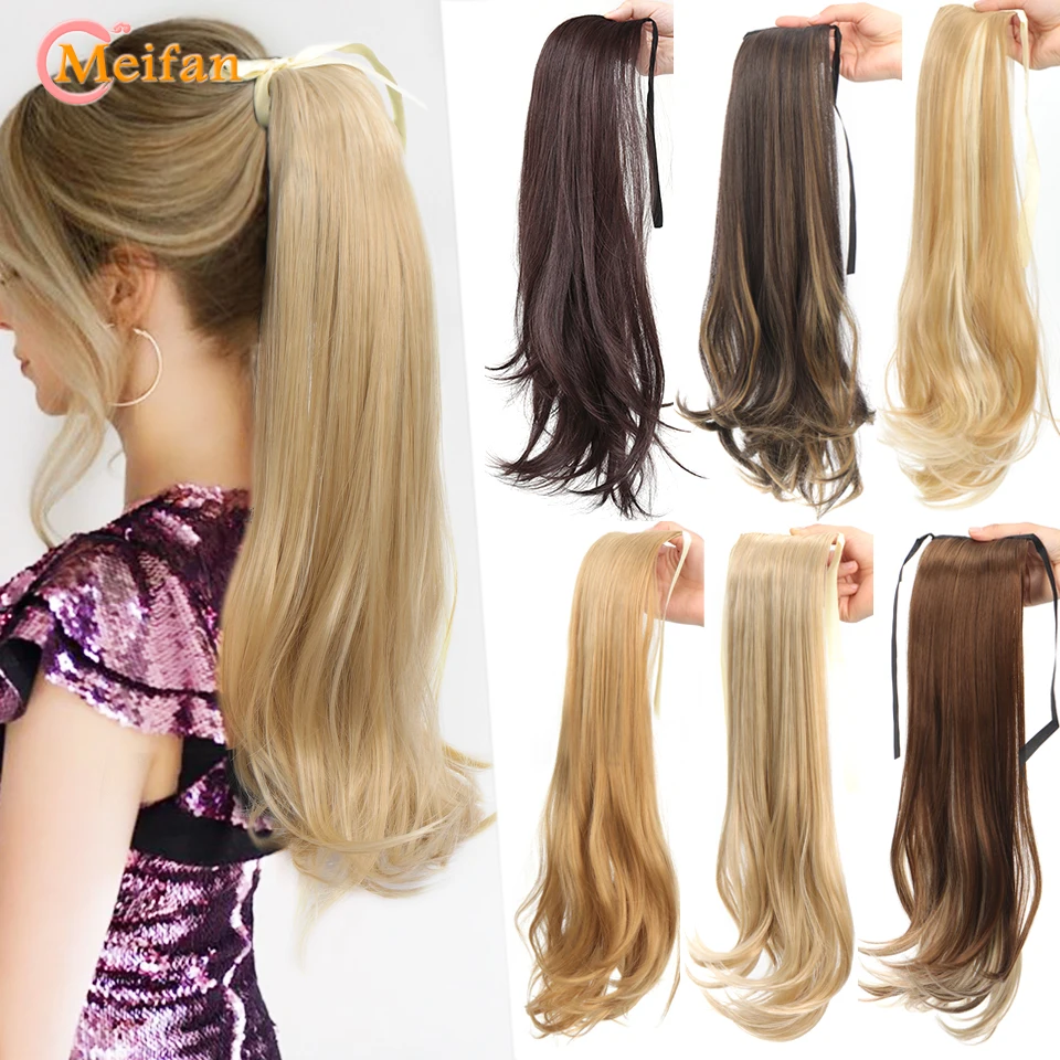 MEIFAN Synthetic Long Straight Ribbon Wrap Pontail Extension for Women Natural Fake Pigtail Hairpiece Clip In Hairtail Extension