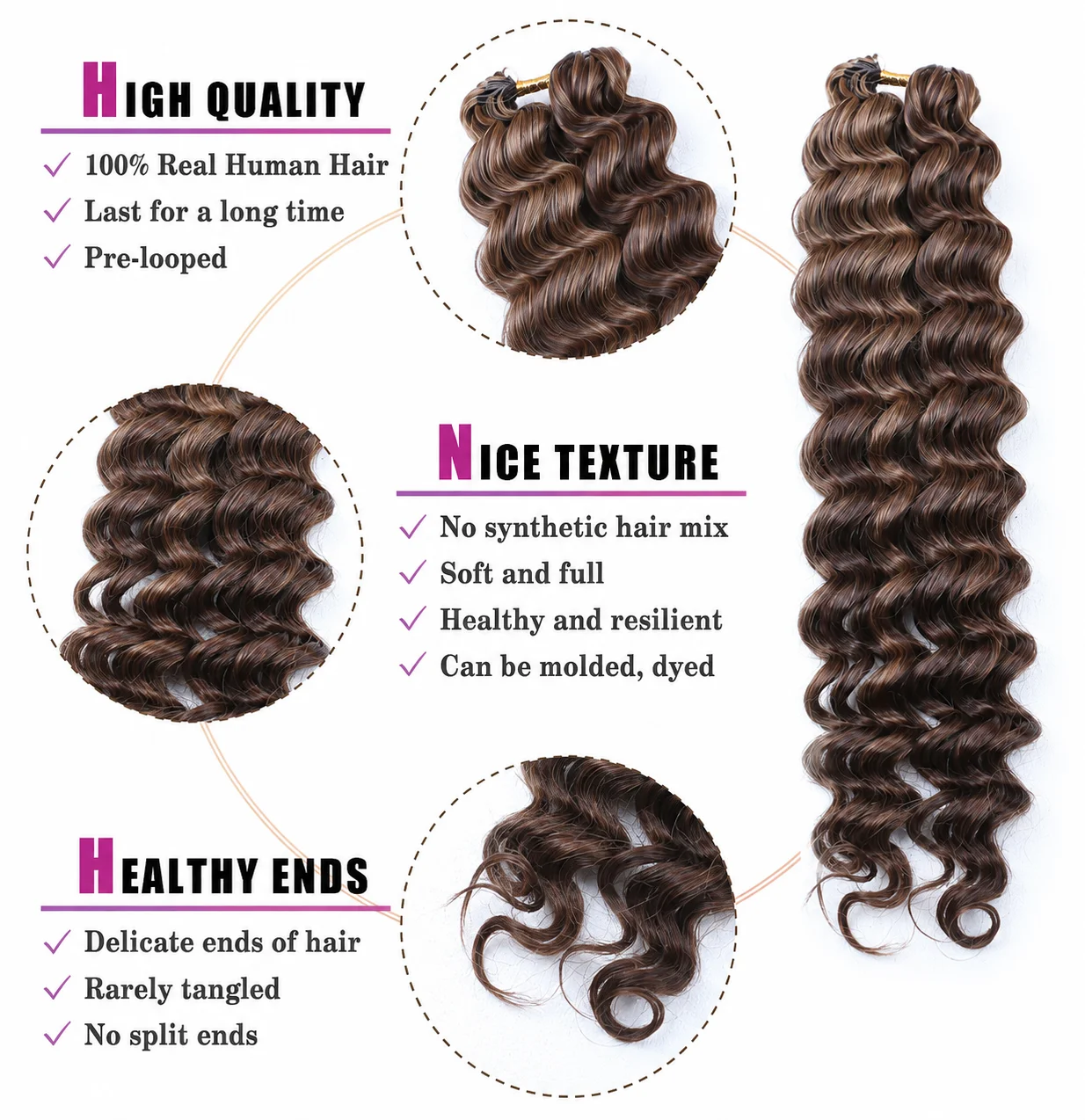 4/27 Highlight Brown Loose Deep Wave Bulk Human Hair Extensions For Braiding Unprocessed Vietnamese Remy Hair Pre-Separated Lightweight Soft Fluffy Boho Braids With Miracle Knots For Women
