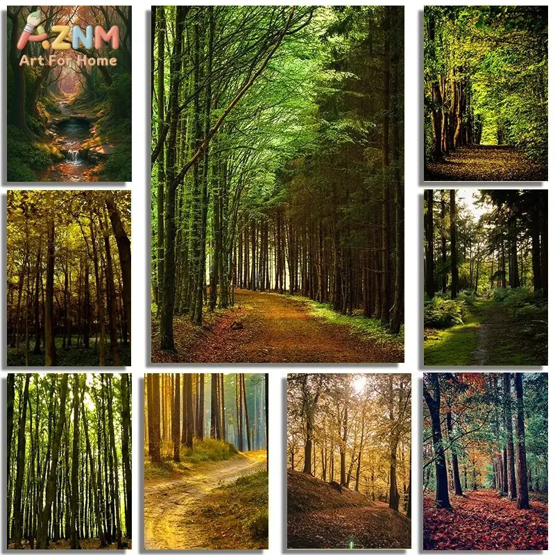 AZNM Forest Scenery Canvas Print Green Tall Tree Path Stream Natural Wilderness Landscape Unframed Wall Poster Decor Art