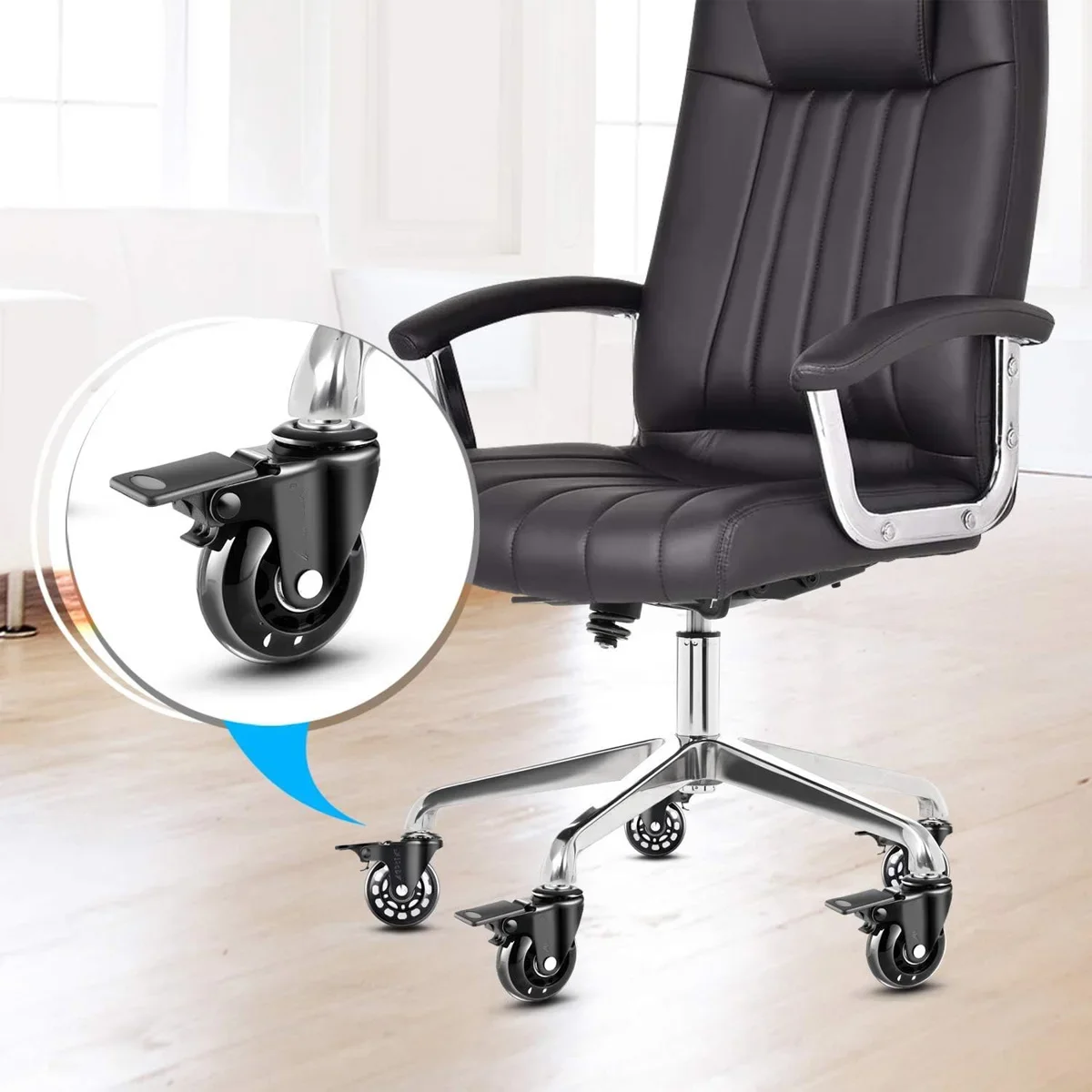 Office Chair Caster Wheels Set of 5 for Tile, Hardwood Floors and Carpets, Universal Fit for Most Chairs (Black with Brake)