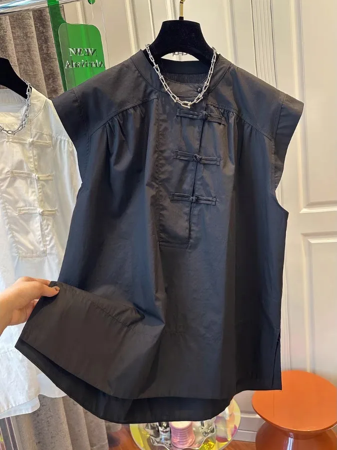 Loose Casual White irt Women's Summer Svel Hoodie Thin New Chinese Sle National Wind Button Design Thin Top