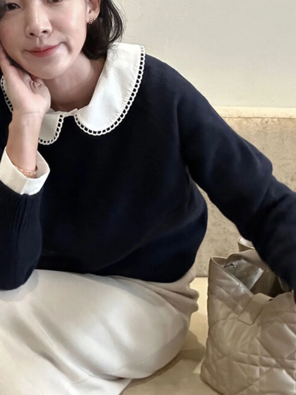 

Sweet Doll Collar Lace Trim Blouse Women's Inner Wear Design Korean Sle Agel Faion White Enhancing Spring Top