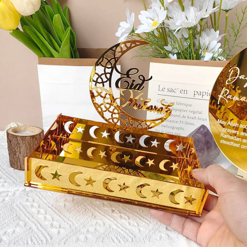 Table Centerpieces Plate Acrylic Eid Mubarak Food Tray Rectangular Crescent Ramadan Tray Mirror Gold Snack Box Gift