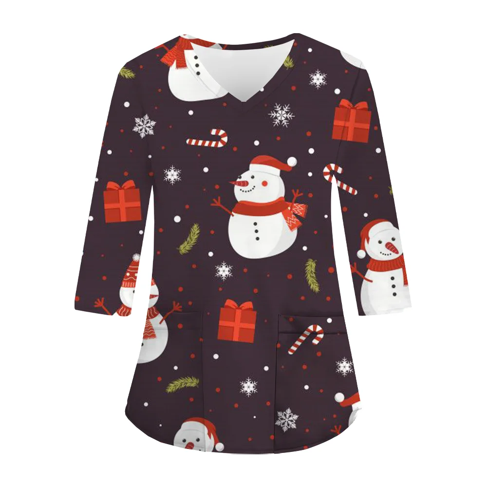 Klinisch uniform Vrouw Kerstsneeuwman Cartoon Print Casual Dierenarts Medico Tee V-hals Patch Pocket Tops Tandheelkundige scrub Medische vrouw