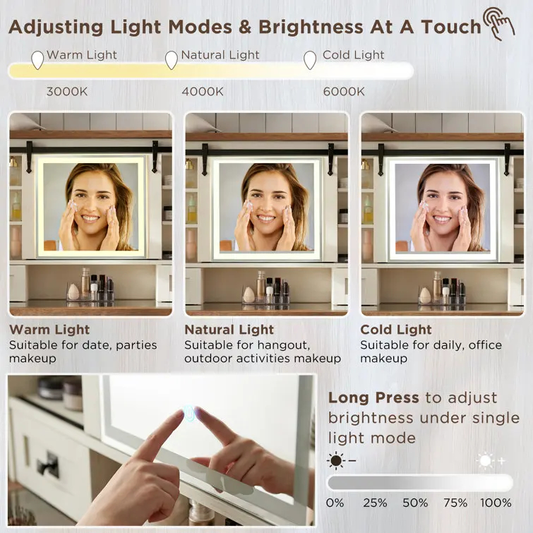 Farmhouse Style Furniture Brown Girl's Dressing Table Vanity Desk for Makeup with Mirror