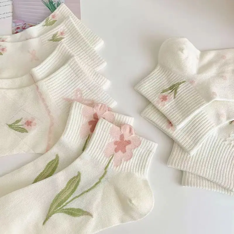 5 pares de calcetines de mujer, calcetines finos de verano con absorción de sudor, estilo universitario, tulipán, calcetines de algodón dulces y encantadores, regalo de ocio para mujer