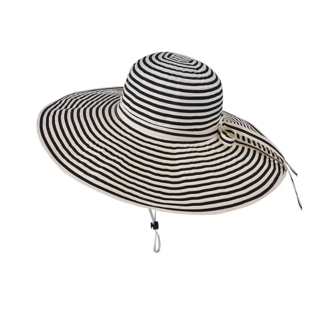 

Fashion Bow Stripe Bucket Hat Foldable Wide Brim Sun Protection Cap Sunscreen UV Protection Summer Sun Hat Hiking