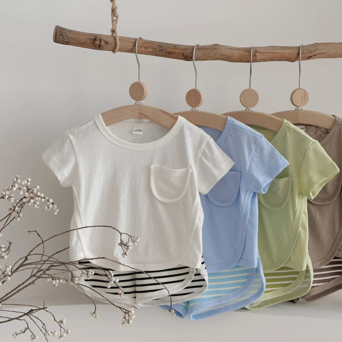 2Pcs/Set Summer Baby Boy Clothes Sets Girl Clothing Solid Color T-shirt+Striped Triangular Shorts Infant Toddler Outfit Suit