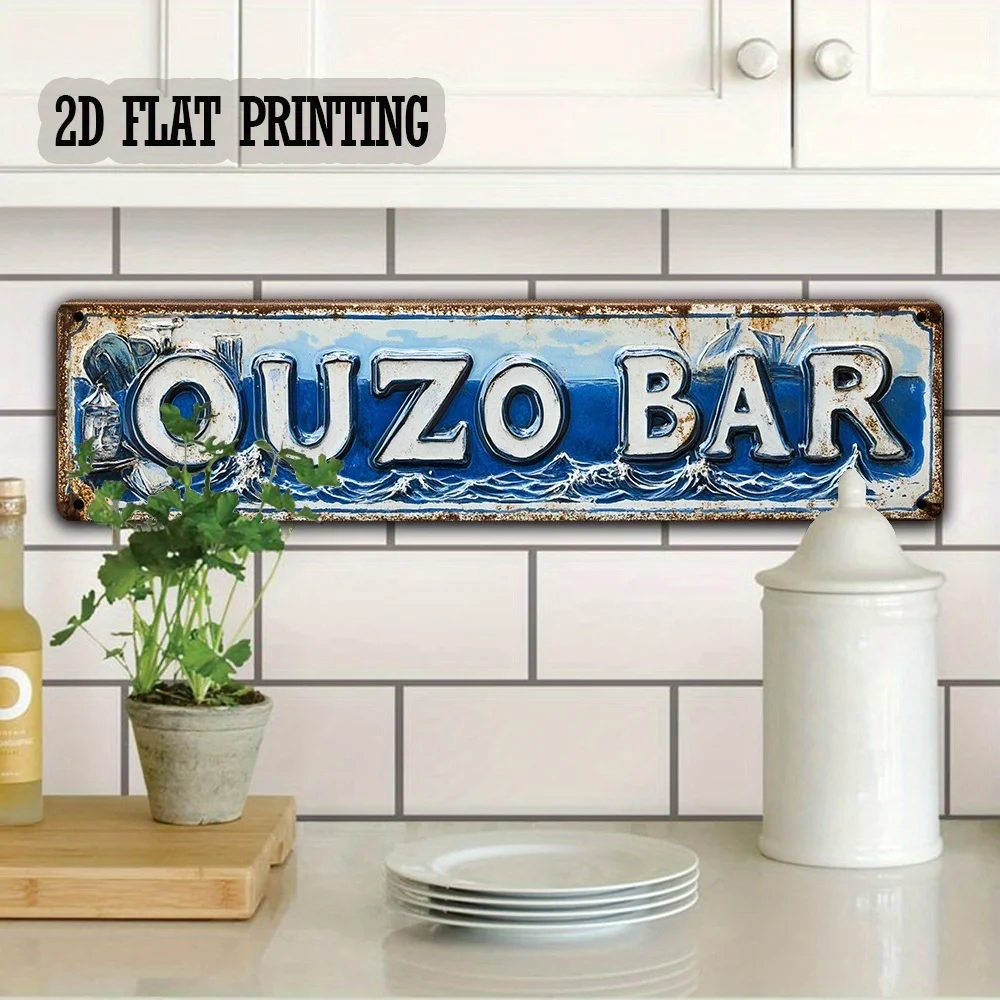

Металлическая табличка «OUZO BAR» с 2D-печатью, винтажный морской декор для стен с синим волнообразным фоном, белыми тиснеными буквами, Dist