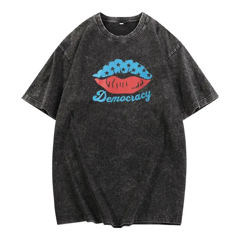 

Democracy Lip Print Graphic T-Shirt Unisex Vintage USA Flag Style Cotton Tee for Summer Streetwear or Holiday Outfit