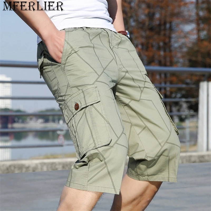 

Cargo Calf-length Pants Men Line Design Cargo shorts striped Plus Size 6XL Fashion Casual Elastic Waist Straight Pants Male