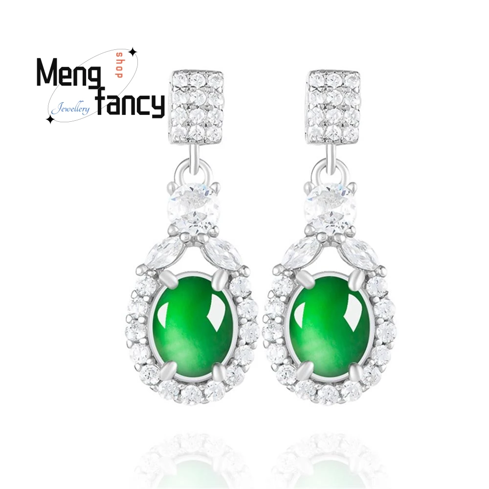 Elegant Natural A-goods Jadeite Yang Green Egg Ice Jade Earrings S925 Silver Inlaid Sexy Young Girls High-grade Fashion Jewelry