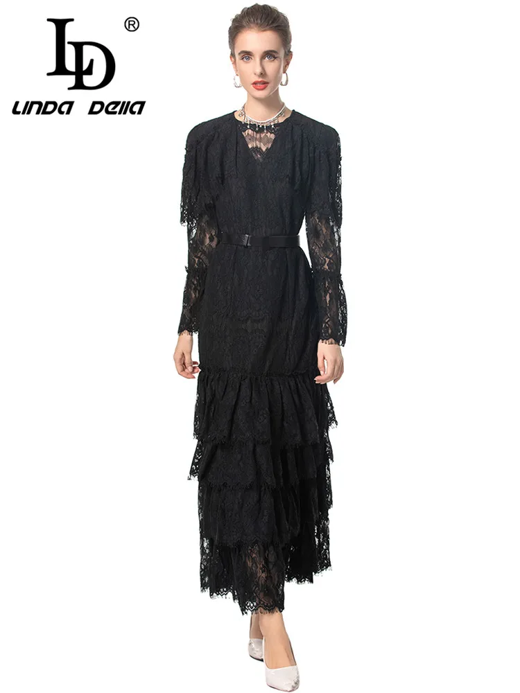 LD LINDA DELLA Lace Hollow Out Dress donna autunno Flare Sleeved Lace-Up Slim Casual Holiday Ball Gown Dresses