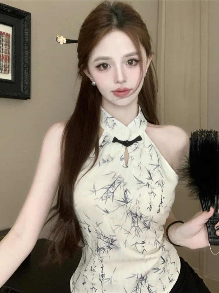 

New Chinese Style Sleeveless Printed Vest Women's Collar Hanging Neck Summer Vintage Floral Pattern Flag Dress Top