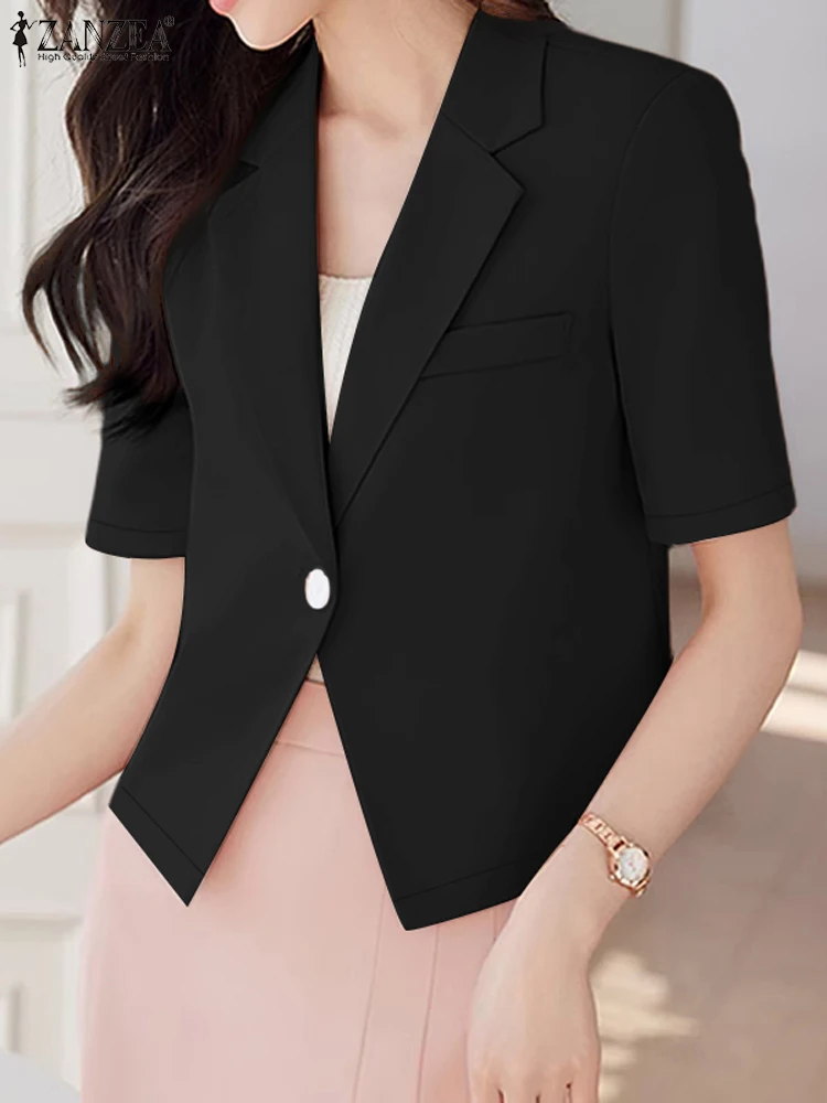 ZANZEA-Chaqueta de trabajo de manga corta para Mujer, blusa elegante con cuello de solapa, abrigos finos sólidos, camisa con botones, moda de verano