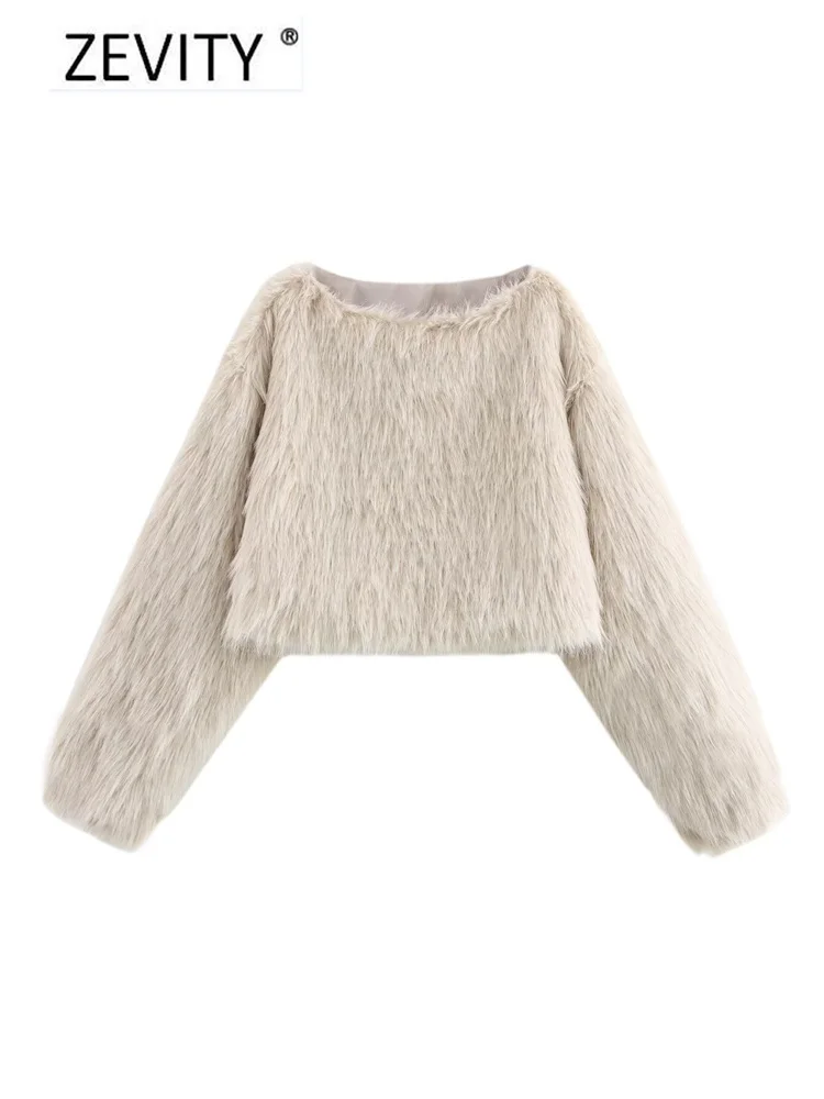 ZEVITY Women Fashion 4 Colors O Neck Long Sleeve Casual Fur Pullover Jacket Female Outerwear Chic Autumn Winter Coat Tops CT7356